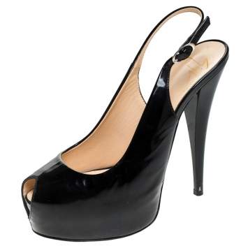 Pre Owned Giuseppe Zanotti Black Patent Leather Slingback Peep Toe Platform Sandals Size 37