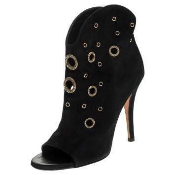مملوكة مسبقًا Giuseppe Zanotti Black Suede Embellished Eyelet Peep Toe Booties Size 36.5