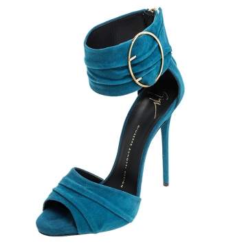 Pre Owned Giuseppe Zanotti Teal Suede Peep Toe Ringed Ankle Strap Sandals Size 37.5