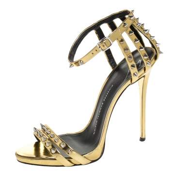 Pre Owned Giuseppe Zanotti Gold Metallic Spike Leather Ankle Strap Sandals Size 39