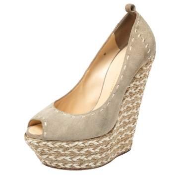 Pre Owned Giuseppe Zanotti Beige Suede Leather Peep Toe Wedge Platform Pumps Size 38.5