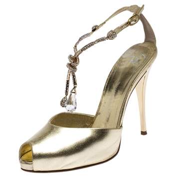 Pre Owned Giuseppe Zanotti Metallic Gold Leather Dangle Crystal Embellishment Sandals Size 37