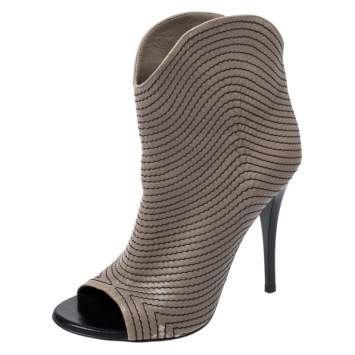Pre Owned Giuseppe Zanotti Dark Beige Stitch Detail Leather Peep Toe Ankle Booties Size 37.5