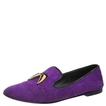 Pre Owned Giuseppe Zanotti Purple Suede Kevin Shark Tooth Tassel Smoking Slippers Size 38