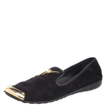 Pre Owned  Giuseppe Zanotti Black Suede Gold-Tone Cap Toe Logo Embellished Smoking Slippers Size 36