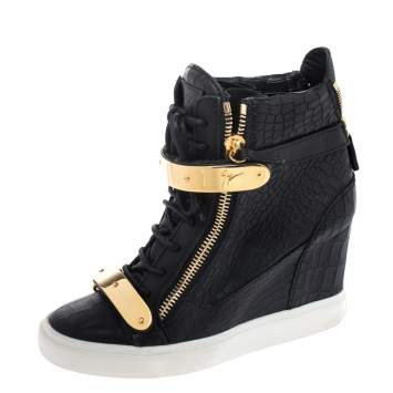 Pre Owned Giuseppe Zanotti Black Croc Embossed Leather Lorenz Wedge High Top Sneakers Size 39