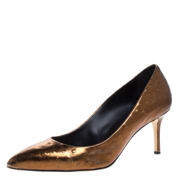 Pre Owned Giuseppe Zanotti Bronze Ostrich Embossed Leather Lucrezia Pointed Toe Pumps Size 40