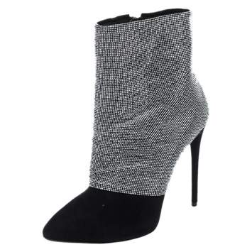 Pre Owned Giuseppe Zanotti Black Glitter Suede Ankle Boots Size 37
