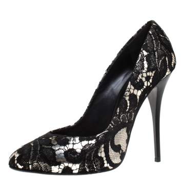 Pre Owned Giuseppe Zanotti Silver Metallic Leather and Black Lace Pumps Size 38