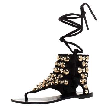 Pre Owned Giuseppe Zanotti Black Studded Suede  Ankle Wrap Flat Sandals Size 37