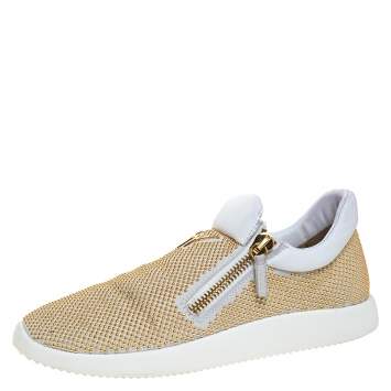 Pre Owned Giuseppe Zanotti White/Gold Studded Leather May London Slip On Sneakers Size 40.5