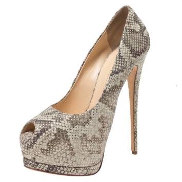 Pre Owned Giuseppe Zanotti Mint Green/Black Python Effect Leather Peep Toe Platform Pumps Size 39.5