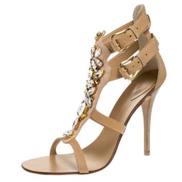 Pre Owned Giuseppe Zanotti Beige Suede and Leather Crystal Embellished Strappy Sandals Size 41