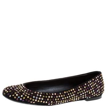 Pre Owned Giuseppe Zanotti Black Crystal Embellished Suede Ballet Flats Size 39