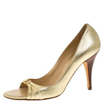 Pre Owned Giuseppe Zanotti Metallic Gold Leather Crystal Embellished Open Toe Pumps Size 40