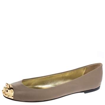 Pre Owned Giuseppe Zanotti Beige Leather Malika Spiked Cap Toe Ballet Flats Size 38