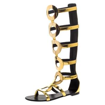 Pre Owned Giuseppe Zanotti Metallic Gold Leather Embellished Rylee Gladiator Flat Sandals Size 41
