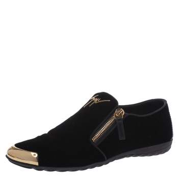 Pre Owned Giuseppe Zanotti Black Velvet Double Zip Metal Cap Toe Sneakers Size 36