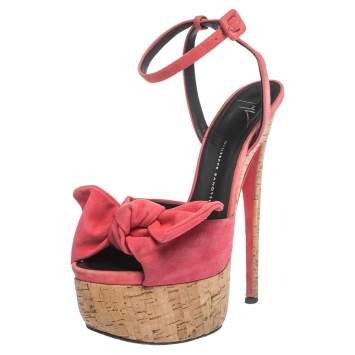Pre Owned Giuseppe Zanotti Pink Suede Cork Heel Platform Denny Ankle Strap Sandals Size 40.5