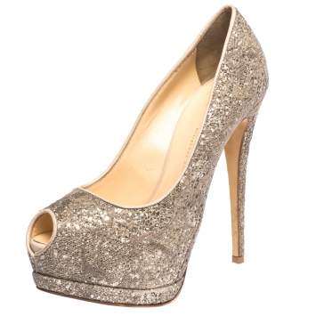 Pre Owned Giuseppe Zanotti Silver/Beige Coarse Glitter Lace Sharon Peep Toe Platform Pumps Size 38.5
