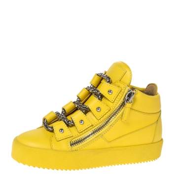 Pre Owned Giuseppe Zanotti Yellow Leather Gold Chain Laces Dual Zip Sneakers Size 35