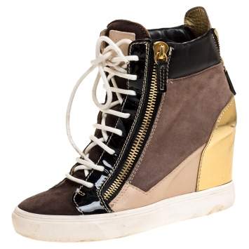 Pre Owned Giuseppe Zanotti Tricolor Suede Leather Wedge Sneakers Size 38