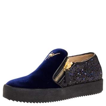 Pre Owned Giuseppe Zanotti Blue Velvet And Glitter Double Zipper Low Top Sneakers Size 35