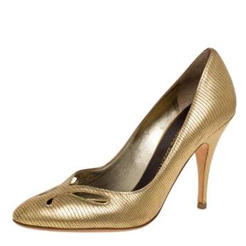 Pre Owned Giuseppe Zanotti Metallic Gold Lizard Embossed Leather Cut Out Pumps Size 37.5
