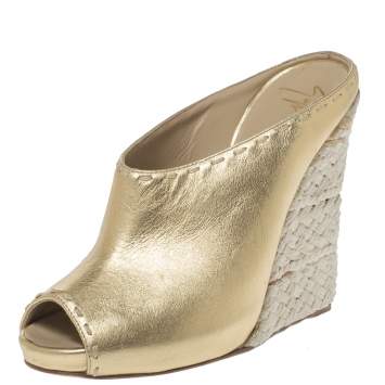 Pre Owned Giuseppe Zanotti Gold Leather Espadrille Wedge Peep Toe Mules Size 37