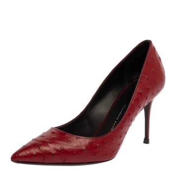 Pre Owned Giuseppe Zanotti Red Ostrich Embossed Leather Lucrezia Pointed Toe Pumps Size 37.5