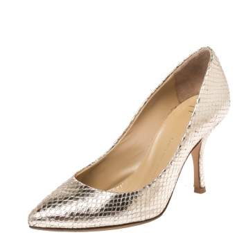 Pre Owned Giuseppe Zanotti Metallic Gold Snakeskin Embossed Leather Lucrezia Pointed Toe Pumps Size 35