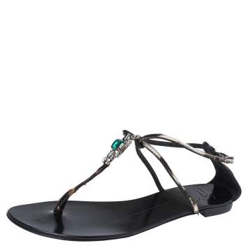 Pre Owned Giuseppe Zanotti Brown/Beige Pony Hair Crystal Embellished Strappy Flat Sandals Size 41