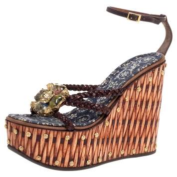 Pre Owned Giuseppe Zanotti Brown Leather Crystal Embellished Wedge Platform Ankle Strap Sandals Size 37.5
