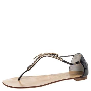 مملوكة مسبقًا Giuseppe Zanotti Black Patent Crystal And Zip Embellished Thong Flat Ankle Strap Sandals Size 41