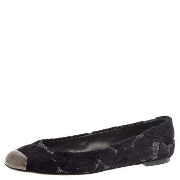 مملوكة مسبقًا Giuseppe Zanotti Black/Silver Embossed Velvet And Fabric Metal Cap Toe Ballet Flat Size 39
