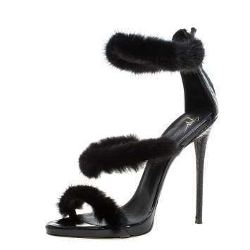 Pre Owned Giuseppe Zanotti Black Leather and Fur Triple Strap Sandals Size 39