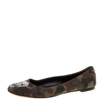 Pre Owned Giuseppe Zanotti Green Camouflage Canvas Crystal Skull Ballet Flats Size 38.5