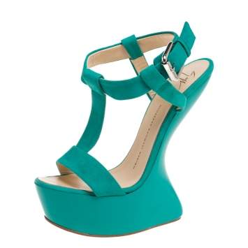 Pre Owned Giuseppe Zanotti Turquoise Blue Suede T Strap Platform Heel Less Wedge Sandals Size 38