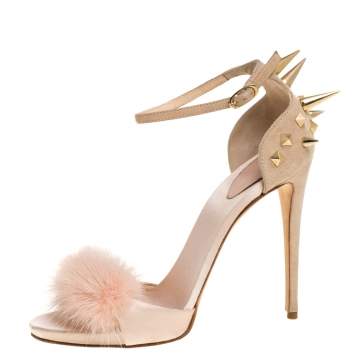 Pre Owned Giuseppe Zanotti Peach Satin, Suede and Fur Spiked Ankle Strap Sandals Size 37.5