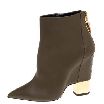 Pre Owned Giuseppe Zanotti Olive Green Leather  Pointed Toe Ankle Booties Size 38