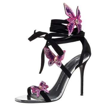 Pre Owned Giuseppe Zanotti Black Suede Mistico Butterfly Wrap Up Sandals Size 39