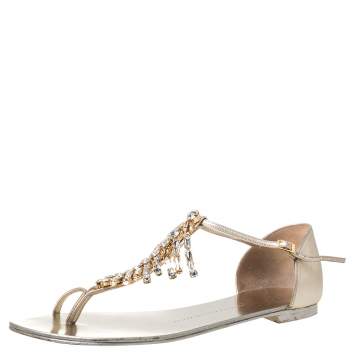 Pre Owned Giuseppe Zanotti Gold Leather Embellished Thong Flats Size 41