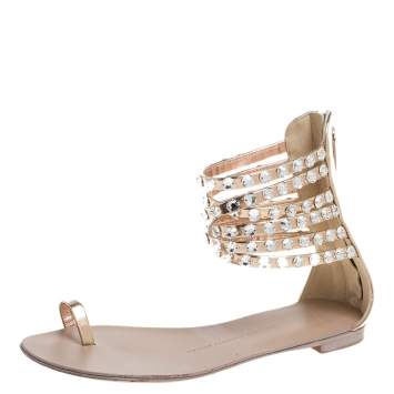 مملوكة مسبقًا Giuseppe Zanotti Metallic Gold Leather Crystal Embellished Ankle Strap Flat Sandals Size 36