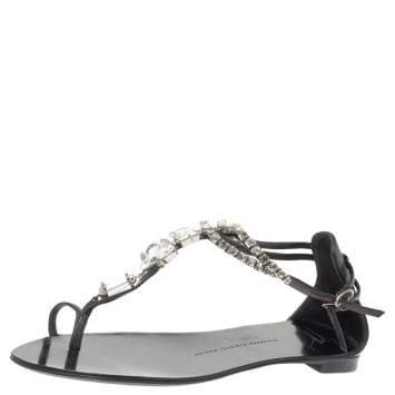 Pre Owned Giuseppe Zanotti Black Leather Embellished Thong Flats Size 38