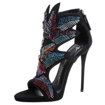 Pre Owned Giuseppe Zanotti Black Suede Leather Swarovski Embellished Kimberly Ankle Sandals Size 39
