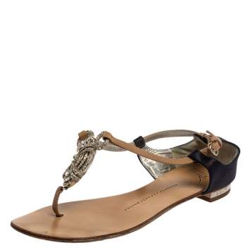 Pre Owned Giuseppe Zanotti Beige/Blue Leather And Satin Crystal Embellished Flats Size 36