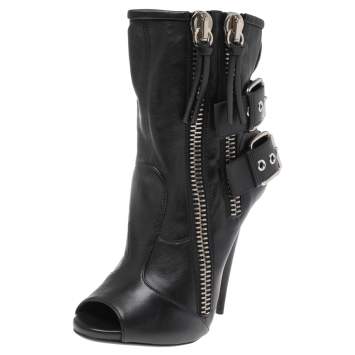 Pre Owned Giuseppe Zanotti Black Leather Peep Toe Biker Ankle Boots Size 37