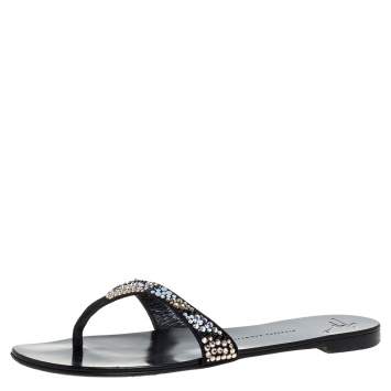 Pre Owned Giuseppe Zanotti Black Crystal Embellished Flat Sandals Size 40
