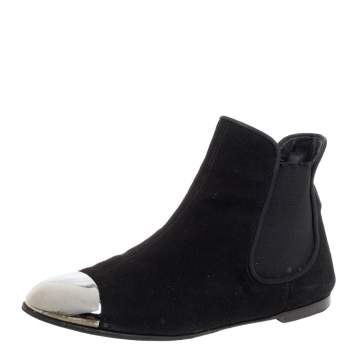 Pre Owned Giuseppe Zanotti Black Suede Leather Metal Cap Ankle Booties Size 40