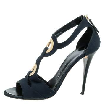 Pre Owned Giuseppe Zanotti Blue Canvas Embellished Cutout T Strap Zipper Sandals Size 40